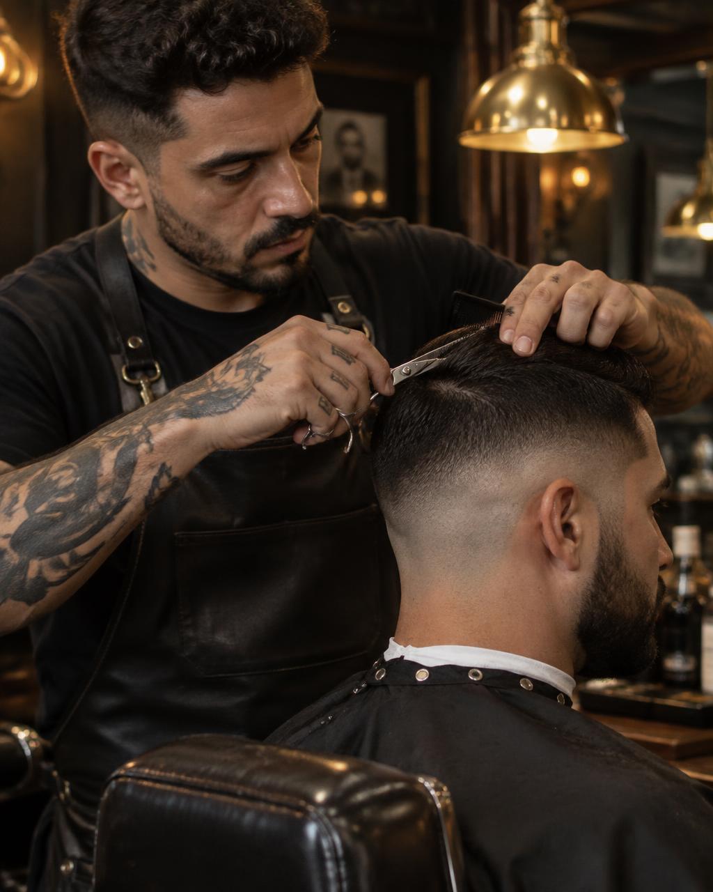 Barbeiro realizando um corte com tesoura